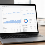 Laptop su scrivania moderna con dashboard di analisi SEO LLM e visibilità AI su Google, con grafici su keyword, impression e performance di ricerca.