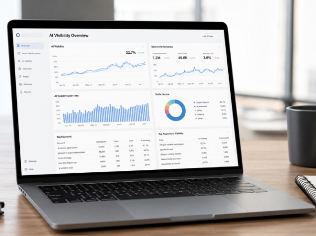 Dashboard SEO LLM e visibilità AI su Google Laptop su scrivania moderna con dashboard di analisi SEO LLM e visibilità AI su Google, con grafici su keyword, impression e performance di ricerca.
