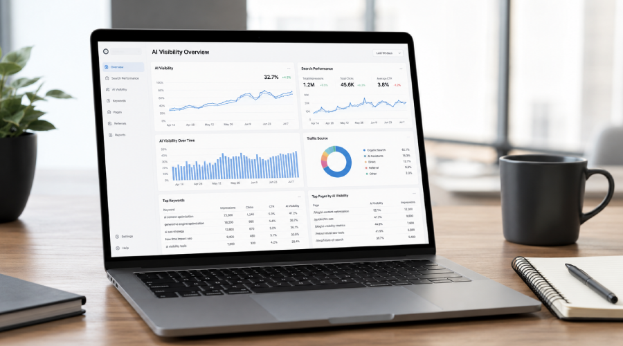 Laptop su scrivania moderna con dashboard di analisi SEO LLM e visibilità AI su Google, con grafici su keyword, impression e performance di ricerca.